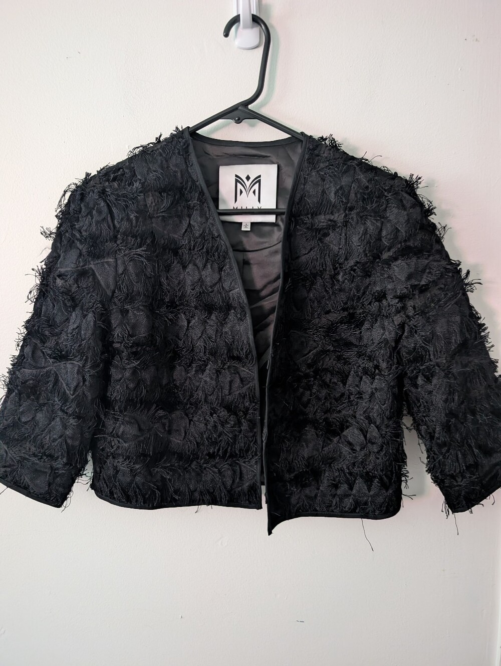 Milly‎ Black Textured Fringe Cropped Jacket Size S